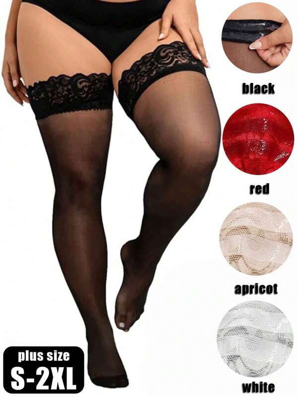 Bas cuisse grande taille (S-2XL) - Bas cuisse noirs en dentelle transparente, bas lingerie jusqu'à la cuisse