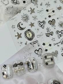 1 张朋克风格 3D 浮雕美甲贴纸 - 天体和心形设计，带有星星、月亮、心形 - 自粘聚氨酯贴花，适合 DIY 美甲， - 銀色 - 查看 3