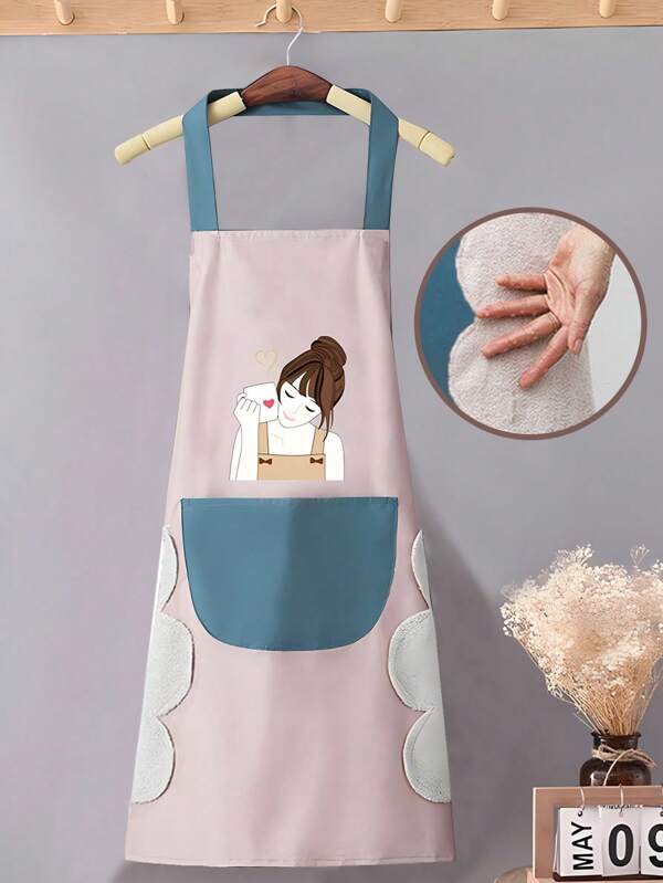 1pc Kitchen Cooking Apron Oil-Proof And Water-Proof,With Pockets Cooking Apron,Easy To Clean,Style (Color) Random Shipment