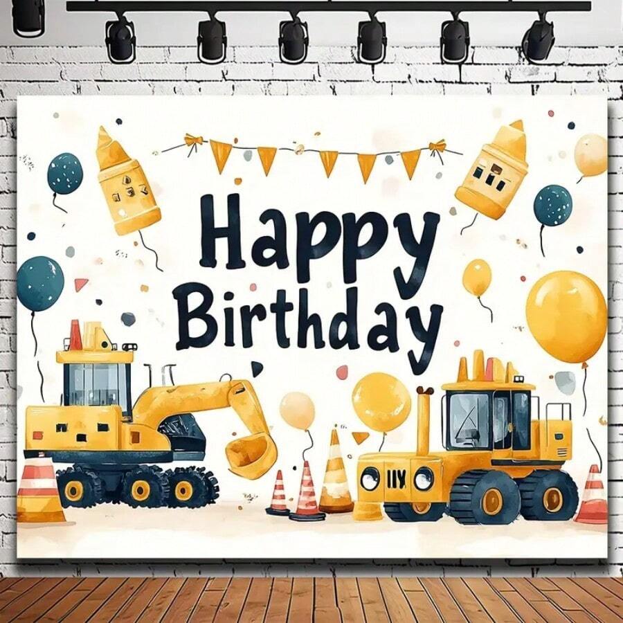 1 叉车工程车施工派对背景布建筑工地背景卡通建筑设施卡车横幅摄影背景适用于生日派对蛋糕桌道具 - 多顏色 - 查看 1