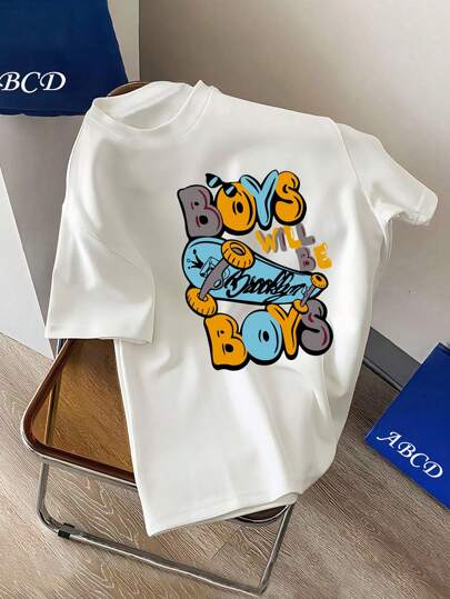 Young Boy Cartoon Skateboard & Letter Print Round Neck T-Shirt