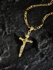 1 pieza Collar minimalista y elegante con cruz de Jesús para hombres, de estilo vintage, adecuado para exhibir la fe diaria, actividades y atuendos casuales - Amarillo Oro - Ver 5