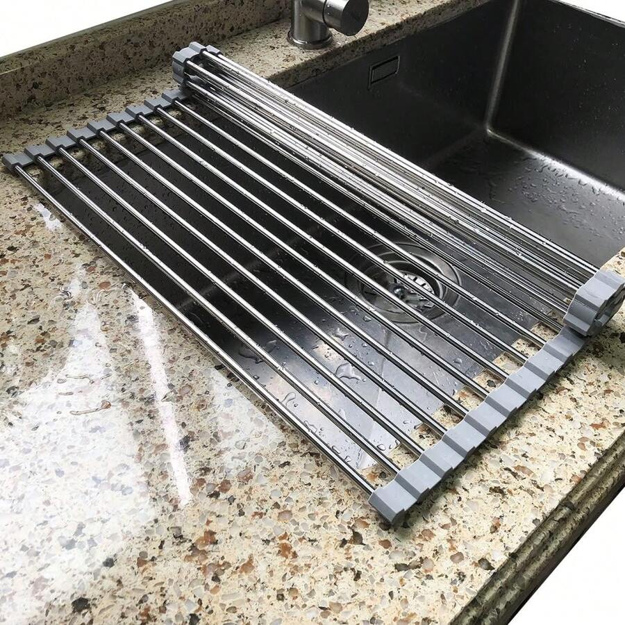 1pc Retractable Clothes Drying Rack, Over Sink Hanging Rack, Portable Stainless Steel Roll Up Rack, Multi-Purpose Kitchen Drain Shelf, Grey
