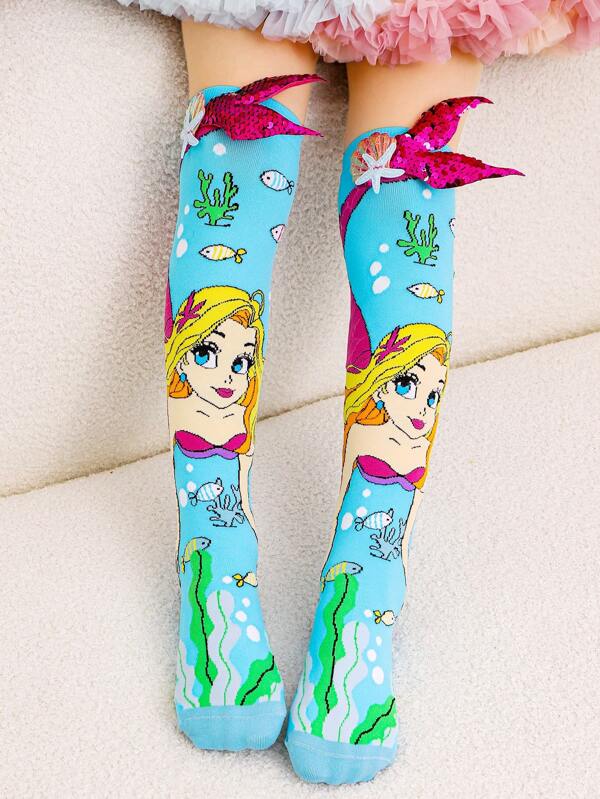 A Pair Of Girls' Three-Dimensional Decorative Mermaid Knee-High Socks, Suitable For Party Wear, Daily Play Wear, And Suitable For Gifts
