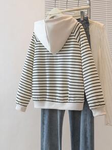 YUXIN Fashionable Striped Full Zip Hoodie Jacket - Casual Long Sleeve Outerwear, Women's Fashion Apparel, Soft Lining, Adjustable Drawstring, Spring/Autumn Vacation Style Jacket - Apricot - View 11