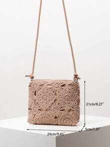 花卉镂空钩针编织斜挎包、沙滩包、度假包、钩针套装、度假必需品、旅行必备品、可调节肩带（图案随机） - 駝色 - 查看 8