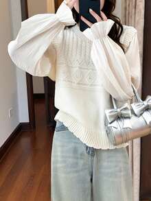 Women's Autumn/Winter Soft Knit Patchwork Cable Design Pullover Sweater - Beige - View 4