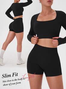 VVX Women's Seamless Sports Yoga Set Long-Sleeved Shorts Thumbholes Slim High-Waist Tummy Control Sports Set - 黑色 - 查看 1