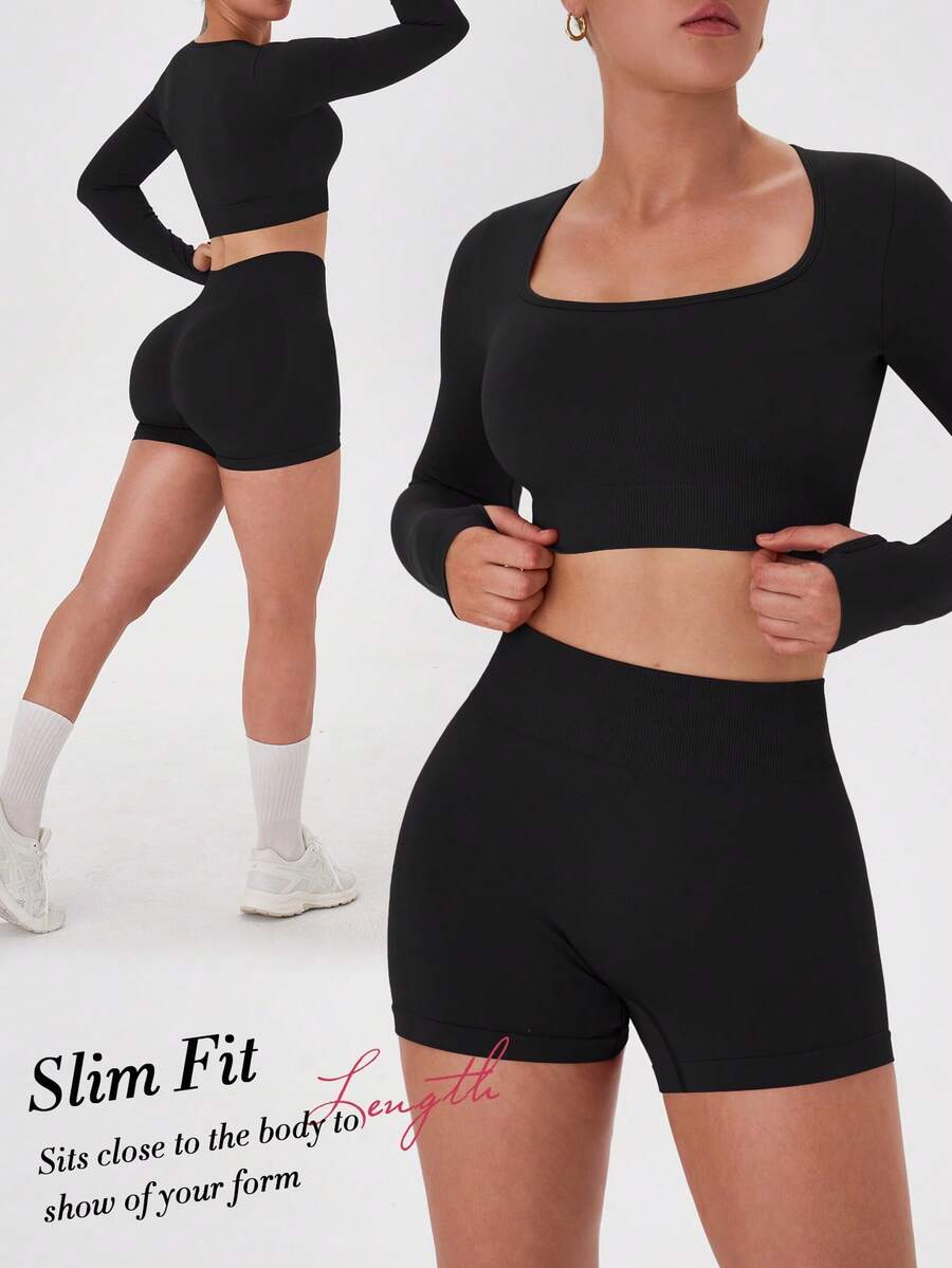 VVX Women's Seamless Sports Yoga Set Long-Sleeved Shorts Thumbholes Slim High-Waist Tummy Control Sports Set - 黑色 - 查看 1