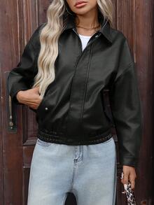 女士超大款仿皮夹克 时尚摩托车外套 休闲穿搭 Y2K 上衣 - 黑色 - 查看 5