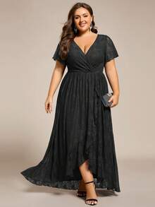 Plus Size V Neck Short Sleeves Pleated High Low Mother Of Bride Lace Dresses - Black - View 4