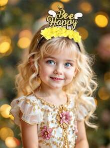 1pc Cute Bee Headband For Girls Gold Glitter Happy Bee Hairband Yellow Mesh Flower Bee Head Band Adorable Bee Insect Headwear Sparkling Vacation Party Hair Band Teens Hair Accessories
