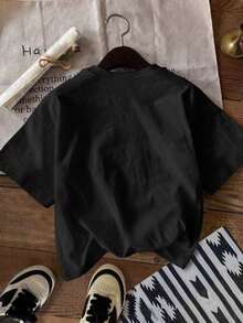 1 Pack Girls Casual Printed Crew Neck Short Sleeve T-Shirt Summer Student Youth Clothing - 黑色 - 查看 2