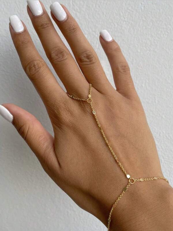 1 Stück modischer Boho-Stil abgeflachter Ketten-Fingerring mit kleiner runder Scheibe, Edelstahl-Farberhaltende verbundene Finger-Armkette, geeignet für den täglichen Gebrauch von Frauen