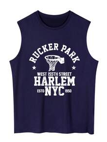 Men's Letter & Heart Print Casual Sleeveless Tank Top - Navy Blue - View 1