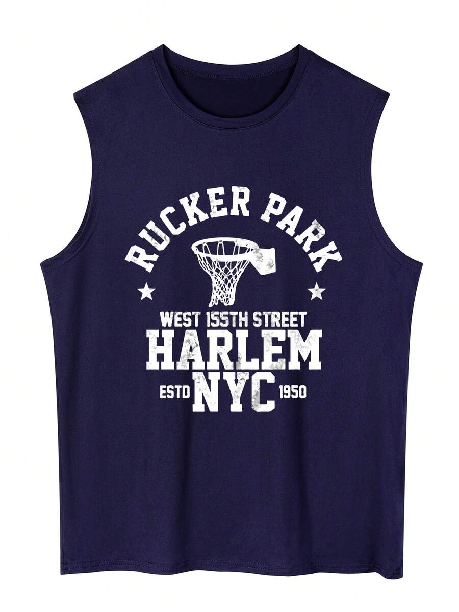 Men's Letter & Heart Print Casual Sleeveless Tank Top - Navy Blue - View 1