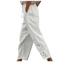 Women's Casual Drawstring Pants Straight Lace Splicing Hollow Fashion Belt Pocket White - 白色 - 查看 3