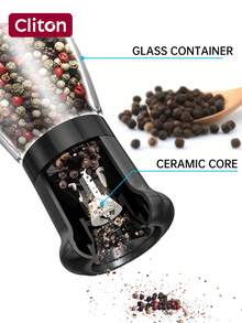 CLITON 1/2 件手动胡椒研磨器 – 节日礼物首选，厨房必备！非常适合节日、乔迁贺礼或烹饪爱好者的馈赠。配备大容量玻璃研磨盒、防尘设计，加长研磨带，研磨更舒适。适用于黑胡椒、白胡椒、海盐、玫瑰盐等 – 实用、时尚、贴心