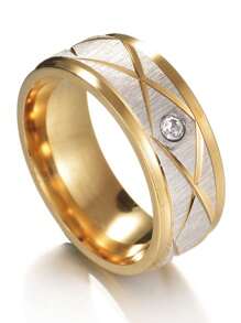 1 件永久不褪色格子水钻金色不锈钢戒指，情侣首饰，男友生日礼物