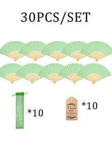 3/15/30pcs/Set, Green Wooden Folding Fan With Gift Bag Thank You Card Set, Thank You Card, Perfect Wedding Gift, Bridesmaid Folding Fan, Wedding Decorations For Weddings, Birthdays, Parties And Events, Women'S Folding Fan