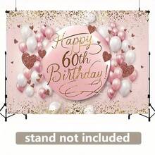 1 Fondo de pancarta para fiesta de cumpleaños 60 - Accling dorado brillante, rosa y blanco con confeti en forma de corazón, fondo de cabina fotográfica de fibra de poliéster adecuado para celebraciones interiores/exteriores, decoración de pared del hogar para todas las estaciones, decoraciones de paredes navideñas Decoración temática brillante + Decoración interior y exterior, Decoración de fiesta