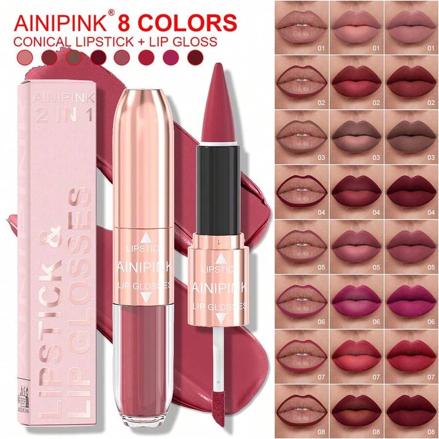 AINIPINK 1pcs [ Lip Gloss + Lipstick ], 2-In-1 Matte Easy To Color, Waterproof, Sweat-Proof, Non-Stick To Cup, Non-Fading, Long-Lasting, Exquisite, Suitable For Gifts, Festival Makeup, And Performance Makeup - Multicolor - View 1