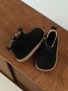 1 Pair Kids' Soft Bottom Anti-Slip Warm Lined Simple Fashion Flat Round Toe Ankle Boots, Suitable For Outdoor Sports, Autumn/Winter - Black - View 5