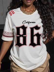 女士时尚休闲宽松 T 恤，带醒目的“86”加州印花，短袖，圆领，男女通用运动休闲上衣，2025 年春夏新品，适合日常穿着 - 白色 - 查看 2