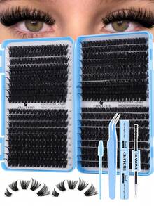 648/666/720片假睫毛套装，包含胶水和定型液，配有镊子和眼影刷。容量大，适合初学者、专业人士和DIY爱好者。这款分段式假睫毛套装使用方便，让您在家轻松打造浓密自然的睫毛效果。睫毛册+镊子+刷子套装，方便携带，适用于各种化妆场合，例如舞台妆、日常妆、婚礼妆、晚宴妆、音乐节妆等。 - 彩色 - 查看 3