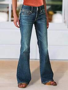 Women's High Waist Flared Jeans, Showcasing Decorative Silver - Buttoned Pockets, Contrast Stitching, Faded Wash, Double - Button Front, And A Retro Flared Silhouette For Distinctive Style