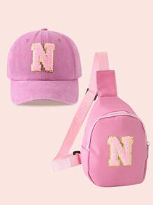 2pcs/Set Girls' Pink Baseball Cap With 26 Letter Truck Cap & Mini Backpack Set, Lightweight Portable Coin Purse, Suitable For Daily Outdoor Sun Protection