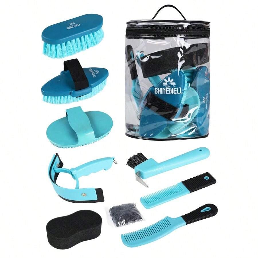 Horse Grooming Brushes Kit 8 Pieces With Organizer Bag Horse Grooming Care Series Horse Brush Sets Blue - Blue - View 1