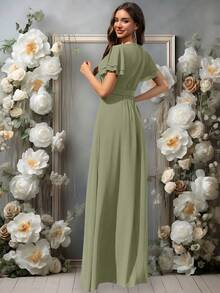 Volly Toych Elegant Matcha Green Long Bridesmaid Dress, Round Neck Ruffle Short Sleeve, Flowing Chiffon Fabric, Suitable For Weddings - Matcha - View 2