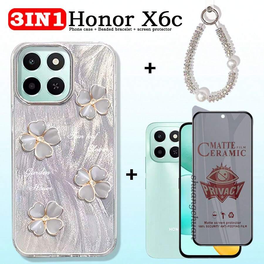3IN1 For Honor X6C Phone Case Honor X6c Screen Protector Soft Film Frosted Ceramic Film, Pearl Rhinestone Phone Lanyard Anti-Drop Phone Case