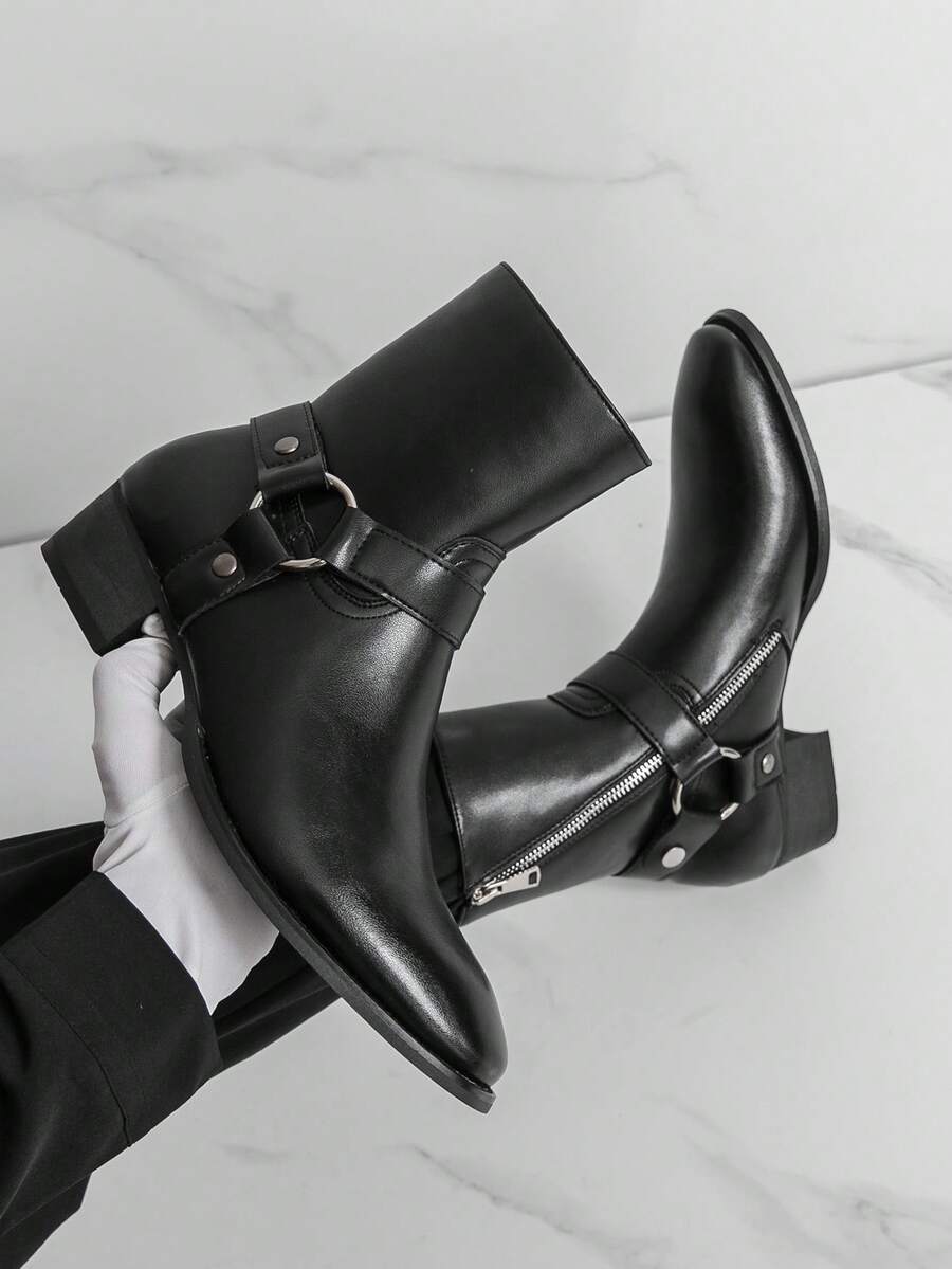 Men's Western Style Side Zipper Motorcycle Boots, Chunky Heel Boots - Black - View 1