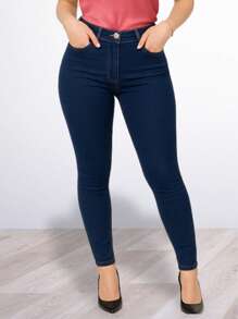 Pantalón skinny ajustado bolsas posteriores laterales talle alto ajuste perfecto botón metálico estilo casual sexy dulce ideal diario calle día noche bajo ajustado primavera verano - Azul lavado oscuro - Ver 1