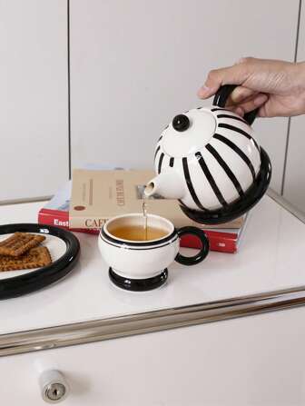1 pieza/3 piezas/5 piezas Juego de tetera cerámica a rayas sencillas, taza de té a rayas pequeña, elegante y atractiva tetera con base negra, adecuado para decoración del hogar, juego de agua, té de la tarde, té negro, té de flores, juegos de té, decoración para vacaciones, regalos