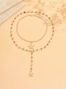 2件套优雅日常佩戴金色海星吊坠项链，时尚简约彩色玻璃水晶女士长项链，适合日常穿搭、街头风格和拍照。水晶颜色随机排列。