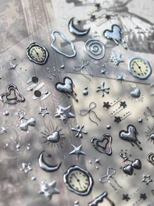 1 张朋克风格 3D 浮雕美甲贴纸 - 天体和心形设计，带有星星、月亮、心形 - 自粘聚氨酯贴花，适合 DIY 美甲， - 銀色 - 查看 7