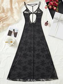 女士黑色、V 领、长款睡裙、透视露背、镂空、娃娃装、性感内衣、性感内衣裙 - 黑色 - 查看 8