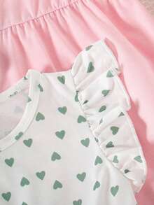 3pcs/Set Young Girls' Valentine's Day Summer Fashion Flutter Sleeve Heart Print + Solid Color Patchwork Casual Dress Outfit - Green - View 3