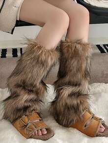 1 Pair Of Comfortable Faux Fur Leg Covers - Y2K Style Boot Mouth Covers, Breathable And Warm, Suitable For Party And Party Outfits In Winter And Spring, Furry Leg Covers - Brown - View 7