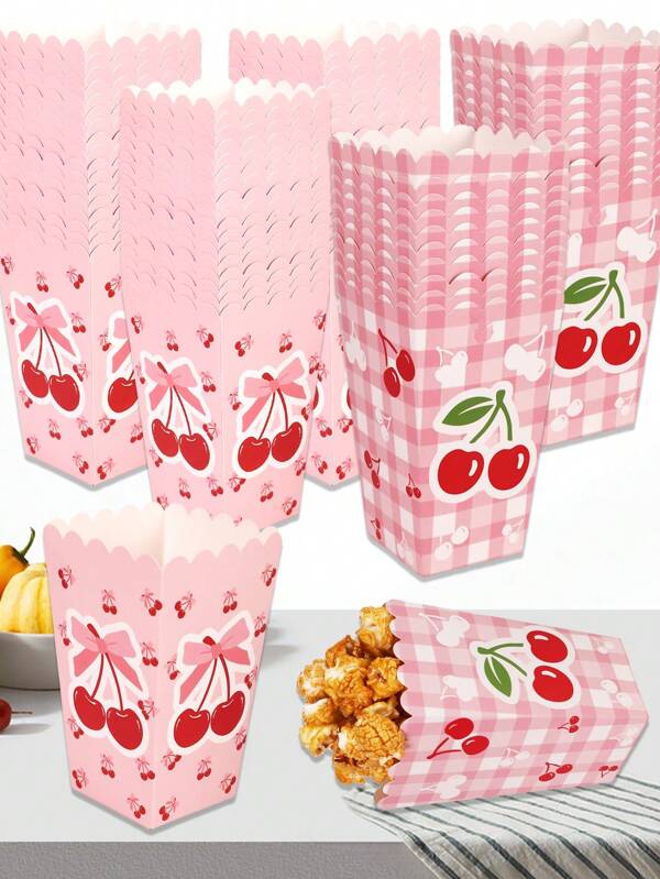 6 PIEZAS 1 PIEZA Cajas de palomitas de maíz con tema de cereza, 11.5X7X5.5CM, estilo dulce y fresco/ Cajas de dulces/ Cajas de almacenamiento/ Cajas de palomitas de maíz, adecuadas para cumpleaños/ fiestas/ festivales/ temporada de vuelta al colegio/ bodas.