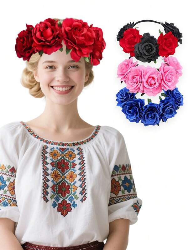 Red Rose Women Flower Crown Floral Headpiece Festival Wedding Hair Wreath Floral Crown Bride Headband Bohemian Vacation Beach Decoration Props Mexican Day Of The Dead Headwear Halloween Party