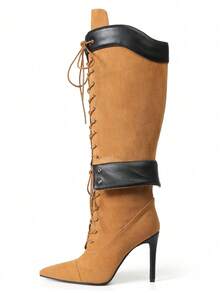 Women Flock Knee High Boots Pointed Toe Lace Up Stiletto High Heel Sexy Luxury Elegant Dress Mature Women Shoes - 黃色 - 查看 6