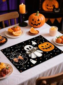1 件/2 件/4 件/600 件 11.8 英寸 X 17.3 英寸万圣节鬼魂黑猫南瓜图案涤纶餐垫 - 黑色背景搭配“BOO！”鬼魂、蝙蝠、南瓜灯笼和黑猫，带蝴蝶结圆点装饰，适合万圣节派对、家庭餐桌 - 彩色 - 查看 5