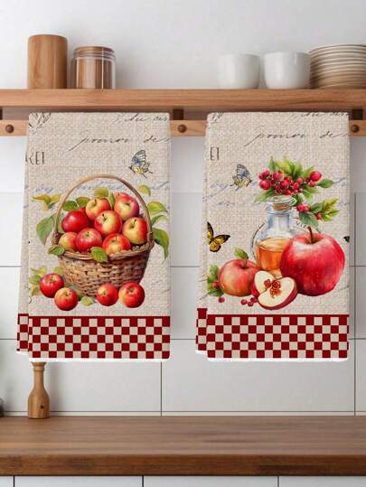 2 piezas de toallas de cocina, paños de cocina con toallas de mano de poliéster con un patrón de manzanas en acuarela, super suaves, tejidos, lavables a máquina, ideales para regalos de fiesta y decoración del hogar.