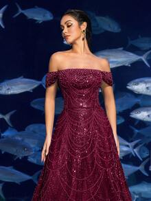 Faeriesty Haute Glamour Elegant Off-Shoulder Beaded Sequin Evening Gown – Floor-Length Fish Tail Train, All-Over Shimmering Embellishment For Red Carpet Galas, Luxury Weddings, Formal Evening Parties, And Underwater-Inspired Fashion Events - Burgundy - View 2