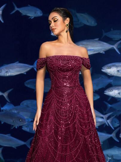 Faeriesty 高级奢华优雅露肩珠饰亮片晚礼服——曳地鱼尾裙摆，通体闪耀亮片，适合红毯盛典、奢华婚礼、正式晚宴以及水下主题时尚活动。