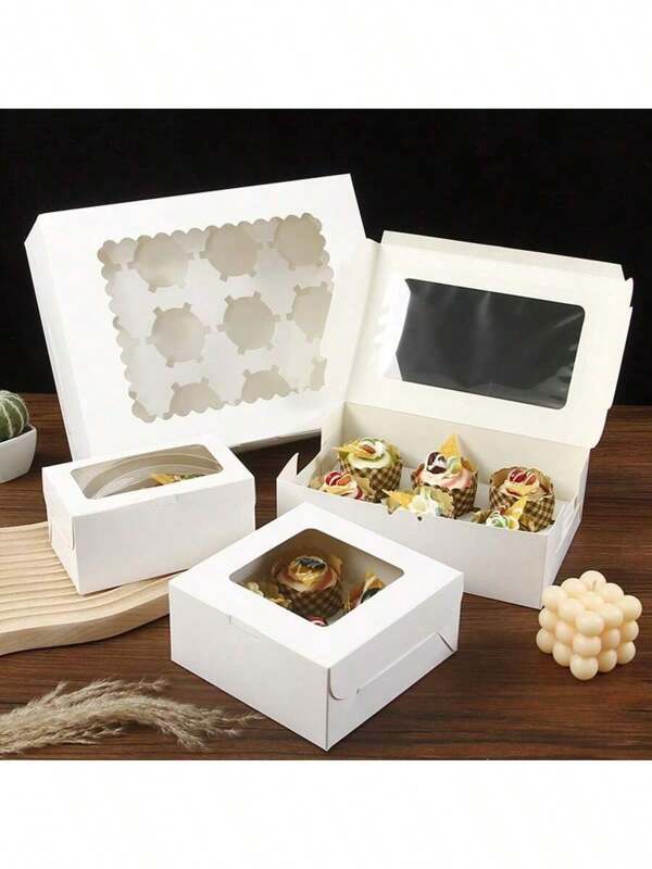 5/10pcs 2/4/6/12 Compartment Paper Cupcake Boxes With Transparent Window, Disposable Pastry, Cookie, Cake, Dessert Storage Containers For Birthday Party, Picnic, Bakery, Hotel, Home, Bar, Restaurant, School, One-Time Use, Easy Assembly, Durable, Moisture & Oil Proof